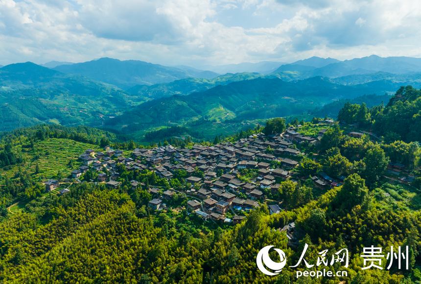 航拍群山中的岜沙苗寨。人民網 陽茜攝