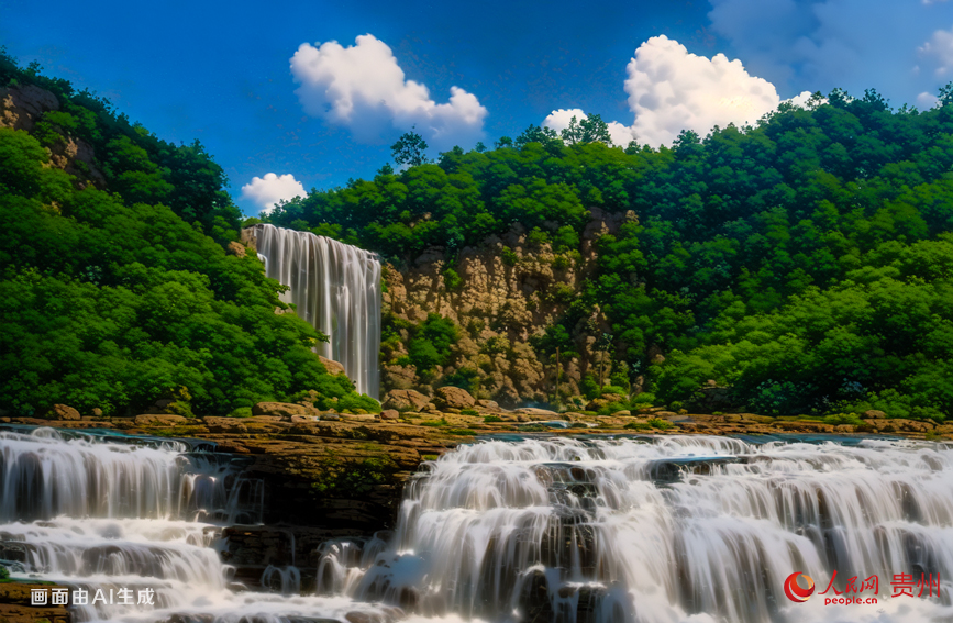 織金瀑布位于貴州織金縣，高達55米，寬35米，以“雄、奇、險、秀”著稱，從高處傾瀉而下，水聲如雷，氣勢磅礴。