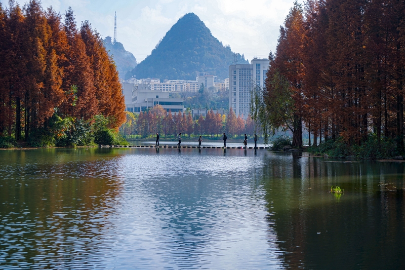 11月17日,市民在貴州省六盤水市明湖國家濕地公園內游覽(2)(趙樺 攝)