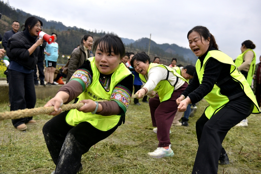 村民在榕江縣寨蒿鎮平堡村參加“南瓜拔河”活動。