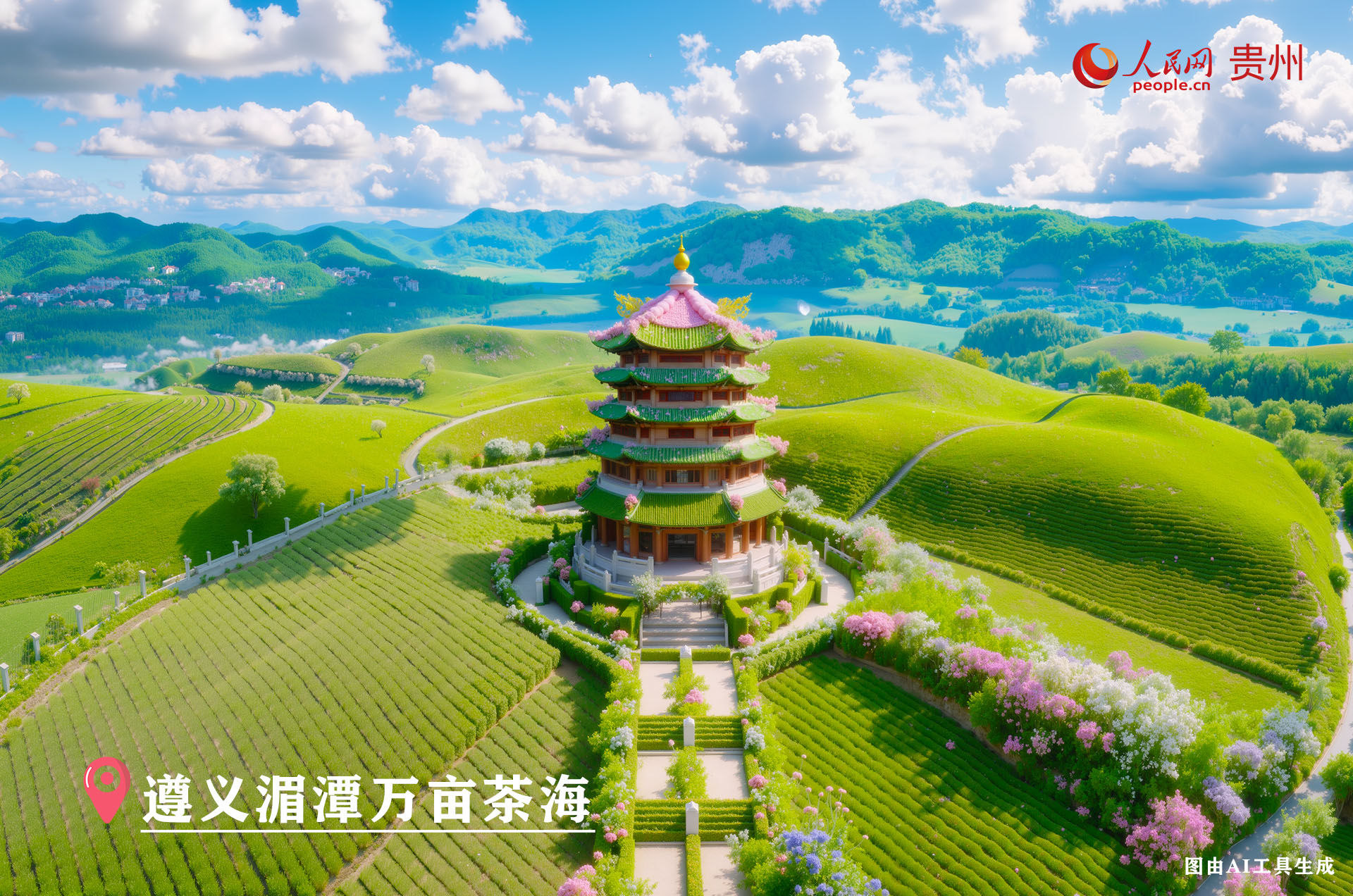 遵義湄潭萬畝茶海位于湄潭縣永興鎮等地，是世界最大的連片茶園，這里丘陵起伏，茶樹依勢種植，茶海碧波蕩漾，茶香四溢，是茶旅一體化的典范，也是游客體驗茶文化、欣賞田園風光的好去處。