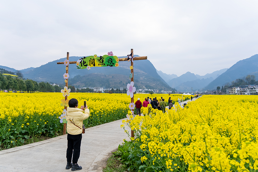 游客在油菜花田中打卡拍照。人民網記者 涂敏攝