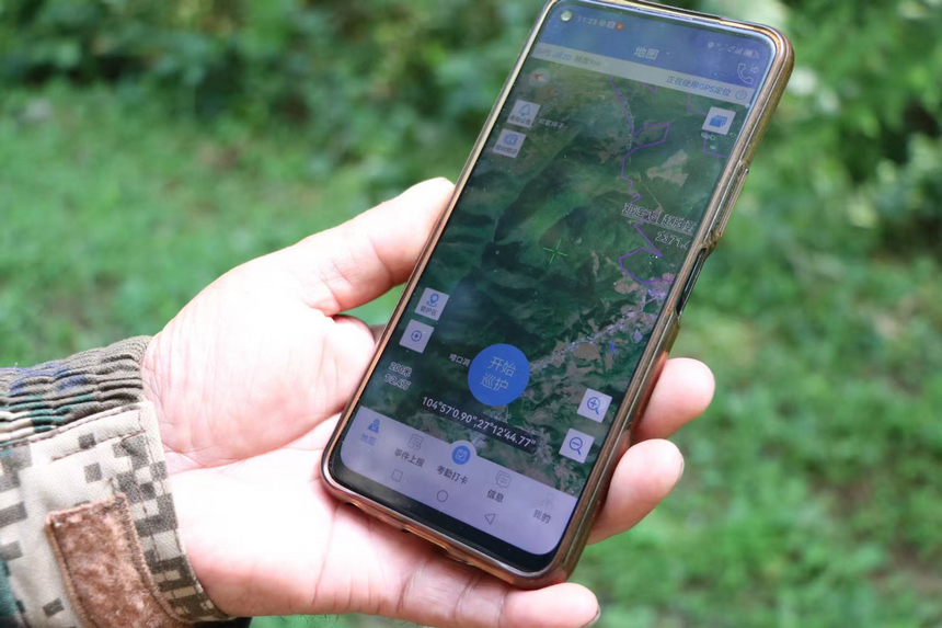 翟思平打開手機軟件開始巡護。邱雪攝