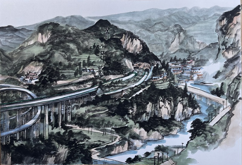 著名畫家王乘在赫章塔山公園觀景畢威高速赫章互通的畫作。王永勝攝