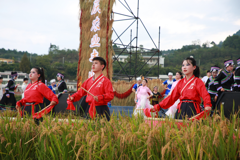 七星關區2025年中國農民豐收節分會場活動現場， 文藝匯演精彩紛呈。