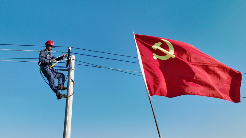 黨旗在支援湛江抗擊臺風保供電現場飄揚。盧關文 攝.JPG