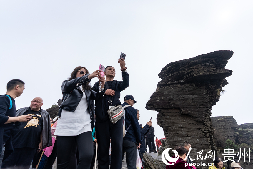 游客在梵凈山景區標志性景點“蘑菇石”處打卡拍照。人民網記者 涂敏攝